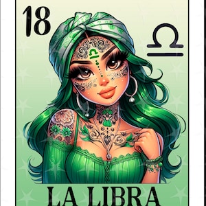 Carte Loteria en espagnol, La Balance, Style Chibi du zodiaque Chicana Chola, Balance Latina PNG pour DTF, Design par sublimation Balance, Chica Balance mignonne