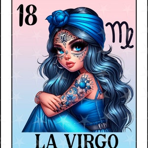 Carta della lotteria in spagnolo, La Vergine, Chicana Chola Zodiac Chibi Style, Vergine Latina PNG per DTF, Virgo Sublimation Design, Cute Chica Virgo