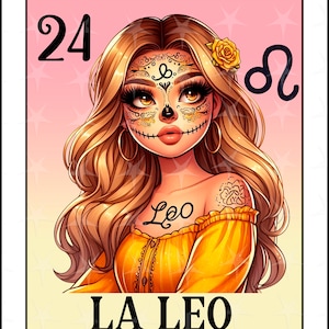 Loteriakaart en espanol, La Leo, Chicana Chola Zodiac Chibi Style, Leo Latina PNG voor DTF, Leo Sublimation Design, Cute Chica Leo, Leo-kaart