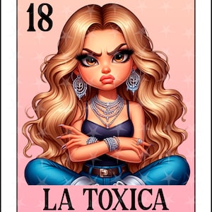 Tarjeta de loteria en español, Diseño de sublimación, Lindo diseño de La Toxica, Descarga instantánea, Diseño en español, LA TOXICA, Tarjeta de lotería de niña chibbi