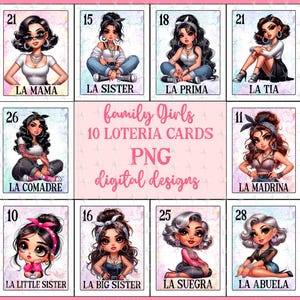 Espagnol Family Girls Bundle Loteria Cards PNG, Design par sublimation, lot de cartes Loteria, téléchargement immédiat, designs Family Girls, espagnol PNG