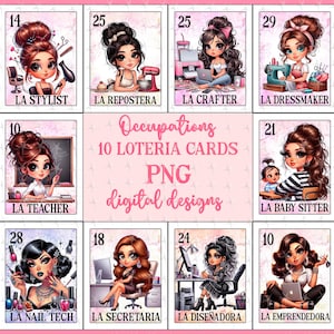 Bundle Loteria Cards PNG, Sublimation Design, Bundle Loteria Card, Téléchargement immédiat, Modèles de professions fille, Espagnol