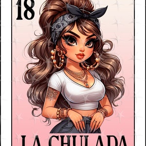 Tarjeta de loteria en español, diseño digital La Chulada, descarga instantánea, diseño en español, diseño de sublimación de linda niña, tarjeta de lotería La Chulada