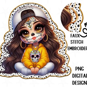 Diseño de sublimación PNG de bordado falso, archivo PNG de Chibi Halloween Girl para sublimación, lindo diseño de bordado falso, descarga instantánea, PNG