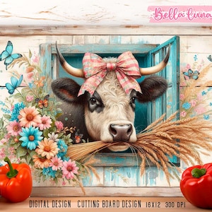 Design per sublimazione di taglieri da cucina, stampa digitale di una mucca carina in cucina, download digitale, stampa digitale di una giovenca, design di una fattoria di campagna