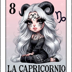 Tarjeta de loteria en español, La Capricornio, Chicana Chola Zodiac Chibi Style, Capricornio Latina PNG para DTF, Capricornio Sublimation Design