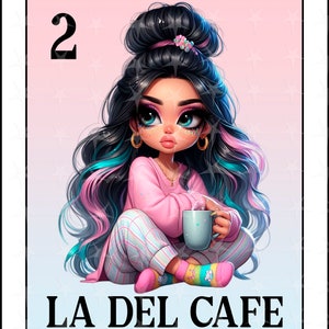 Carte Loteria en espagnol, Design par sublimation, La del cafe chibi girl png, Téléchargement instantané, Design espagnol, La del Cafe, PNG Carte Loteria