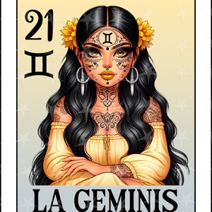 Tarjeta de loteria en español, La Geminis, Chicana Chola Zodiac Chibi Style, Geminis Latina PNG para DTF, Diseño de sublimación de Geminis, Chica Geminis