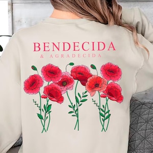 Spanische Bibel Vers Digitales Design, Mohnblumen Design, digitaler Download, Bendecida y Agradecida, Blumen Wildblumen PNG Design, Floral