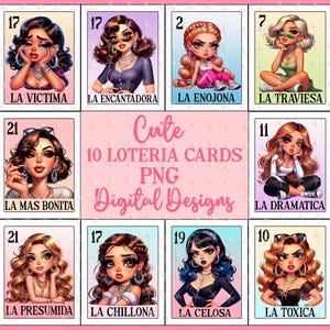 Espagnol Family Girls Bundle Loteria Cards PNG, Design par sublimation, lot de cartes Loteria, téléchargement immédiat, designs Family Girls, espagnol PNG