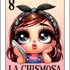 Carte Loteria en espagnol, conception numérique La Chismosa, téléchargement immédiat, conception espagnole, jolie fille en sublimation, carte La Chismosa Loteria