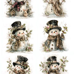 May include: A collection of six watercolor-style illustrations featuring snowmen wearing black top hats, scarves, and holly accents. Each snowman is depicted with twigs for arms, coal buttons, and various winter elements like birds and rabbits.