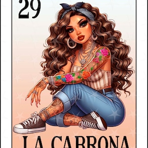 Tarjeta de lotería en español, Diseño de sublimación, Diseño lindo de La Cabrona, Descarga instantánea, Diseño en español, LA CABRONA, Tarjeta de lotería de niña chibbi