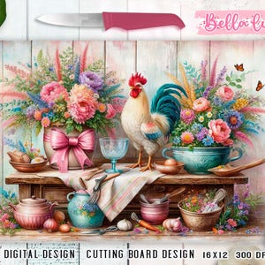 Design per tagliere da cucina con stampa a sublimazione, stampa digitale di un gallo da cucina, download digitale, stampa digitale di un pollo, design di una fattoria di campagna
