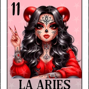 Tarjeta de loteria en español, La Aries, Chicana Chola Zodiac Chibi Style, Aries Latina PNG para DTF, Diseño de sublimación de Aries, Linda chica Aries