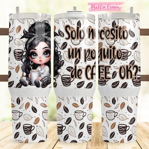 Necesito cafe 40oz Digital Wrap, Spanish Digital Design, 40oz Sublimation Design, Instant Download, Chibi girl 40oz wrap,Coffee Digital wrap