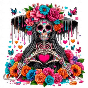 Sublimation florale Catrina, conception numérique Dia de Muertos, téléchargement numérique, conception florale de tête de mort, fichier PNG en sublimation, tête de mort en sucre