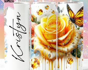 Envoltorio para vaso de 20 oz con diseño de rosa amarilla y mariposa (descarga digital)