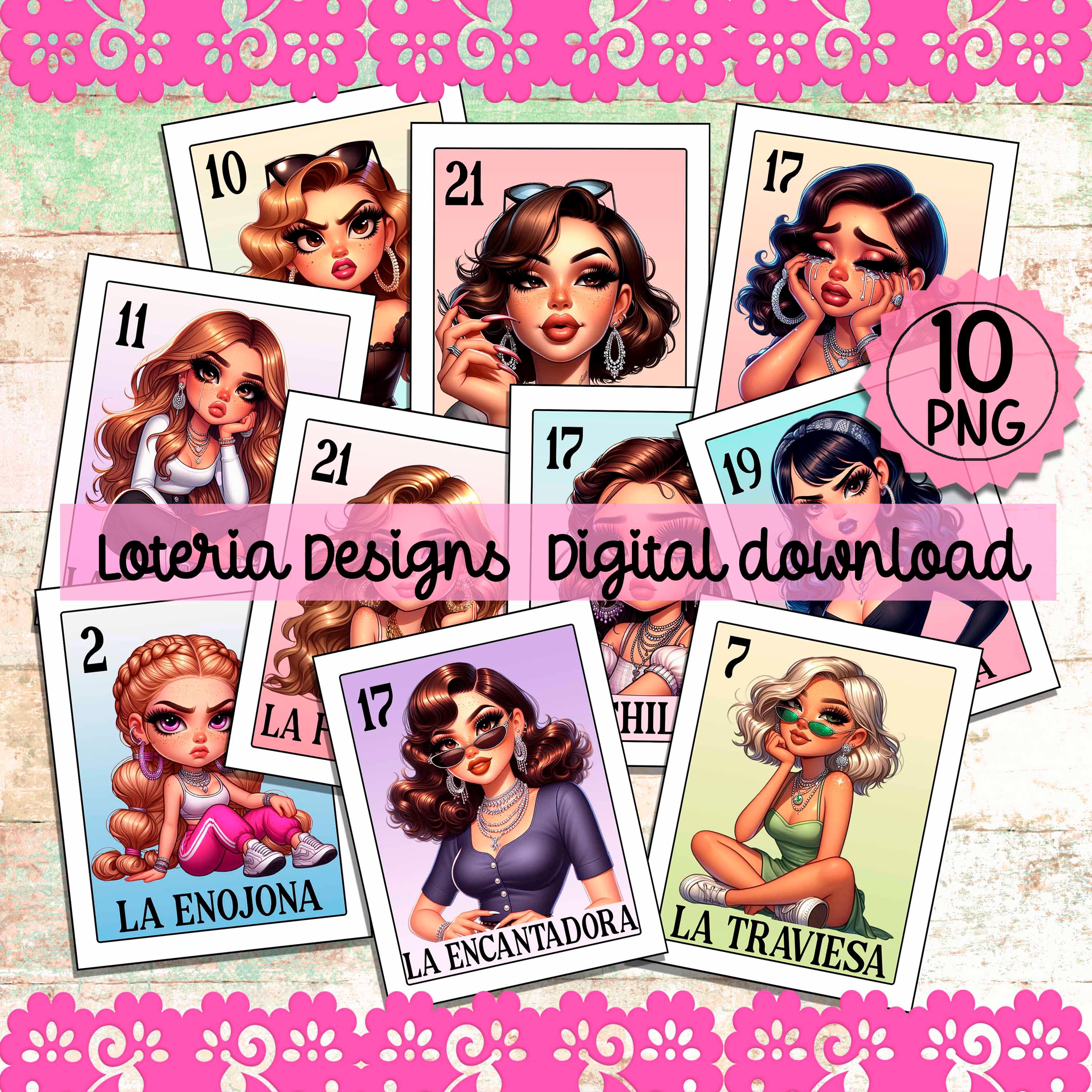 Loteria Card PNG Bundle: Spanish girls Designs (Digital Download