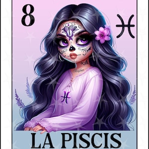 Cartão de loteria em espanhol, La Piscis, Chicana Chola Zodiac Chibi Style, Piscis Latina PNG for DTF, Piscis Sublimation Design, Chica Piscis