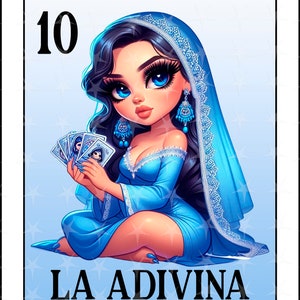 Tarjeta de loteria en español, Diseño de sublimación, Diseño de La Adivina, Descarga instantánea, Diseño en español, La Adivina, Tarjeta de loteria de niña chibbi