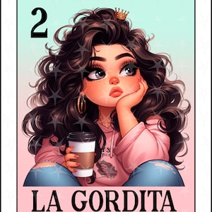 Carte Loteria en espagnol, design par sublimation, png La Gordita chibi girl, téléchargement immédiat, design espagnol, LA GORDITA, carte Loteria espagnole