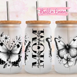 Butterfly Mom 16oz Libbey Glass Wrap, Mother's Day Glass Design Png, 16Oz Glass Can Wrap Png, Glass Can Sublimation, Digital Download, Mom