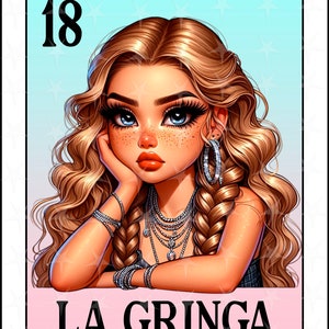 Carte Loteria en espagnol, sublimation, joli design La Gringa, téléchargement immédiat, design espagnol, LA GRINGA, carte Loteria fille Chibbi