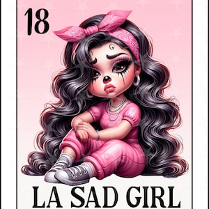 Tarjeta de Loteria en español, Diseño Digital de Sublimación, Descarga Instantánea, Diseño Español La Sad Girl, La Sad Girl png, Cute Sad Girl DTF/DTG