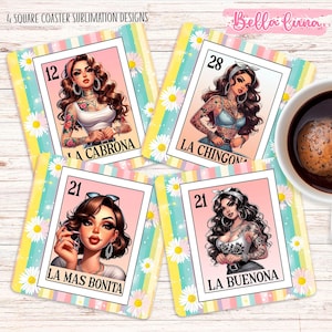 Diseño de sublimación de posavasos cuadrados de lotería española, diseños PNG de posavasos de lotería, descarga digital de decoración para el hogar, idea de regalo DIY
