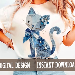 デニムパッチワーク猫PNG – ヴィンテージファブリック猫、インスタントデジタルダウンロード、昇華、ステッカー、Tシャツデザイン、猫のイラストPNG