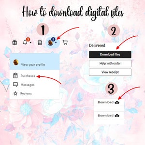 May include: A guide on how to download digital files, with numbered steps. The text reads "How to download digital files." The steps include navigating to purchases, downloading files, and clicking the download icon. The background has a floral design.