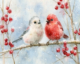 May include: A watercolor painting of two small birds perched on a snowy branch. One bird is white with gray accents, and the other is bright red. They are surrounded by thin, bare branches adorned with clusters of small, round, vibrant red berries.