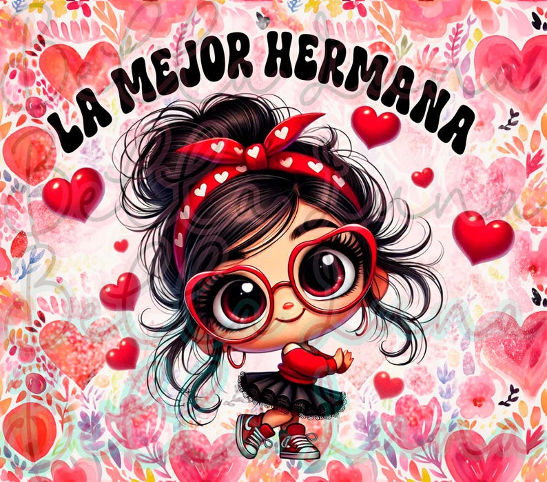Puede incluir: Una ilustraci&oacute;n de dibujos animados de una ni&ntilde;a con ojos grandes que lleva gafas en forma de coraz&oacute;n y una diadema roja con lunares blancos. El fondo es un patr&oacute;n de acuarela rosa y blanco con corazones. El texto "LA MEJOR HERMANA" est&aacute; escrito en letras negras en la parte superior de la imagen.