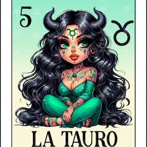 Carte Loteria en espagnol, La Tauro, Style Chibi Chicana Chola Zodiac Chibi, Tauro Latina PNG pour DTF, Sublimation Design Tauro, Cute Chica TAURO
