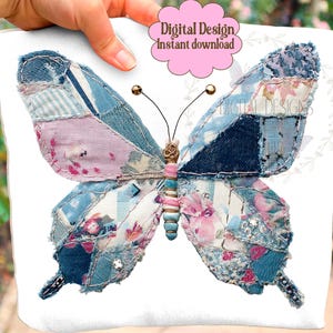 May include: A patchwork butterfly design with blue, pink, and white fabric pieces. The butterfly has wire antennae with gold beads. The image includes the text "Digital Design Instant download" in a pink cloud.