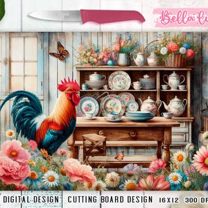 Design per tagliere da cucina con stampa a sublimazione, stampa digitale di un gallo da cucina, download digitale, stampa digitale di un pollo, design di una fattoria di campagna