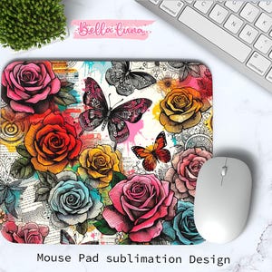 Conception de sublimation de tapis de souris floral aquarelle, conception PNG de coussin floral mignon, tapis de souris floral, téléchargement numérique, conception de tapis de souris de papillon