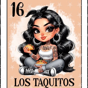 May include: A digital illustration of a cartoon woman with black hair and a bandana, wearing a white tank top and jeans, holding a taco. The background is peach with white stars. The text "16" and "LOS TAQUITOS" are in black.