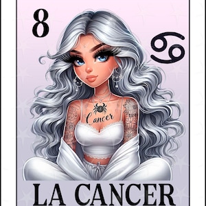 Carte Loteria en espagnol, La Cancer, Style chibi du zodiaque Chicana Chola, Cancer Latina PNG pour DTF, Cancer Sublimation Design, Cute Chica Cancer