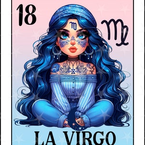 Cartão de loteria em espanhol, La Virgo, Chicana Chola Zodiac Chibi Style, Virgem Latina PNG para DTF, Design de sublimação de Virgem, Cute Chica Virgo