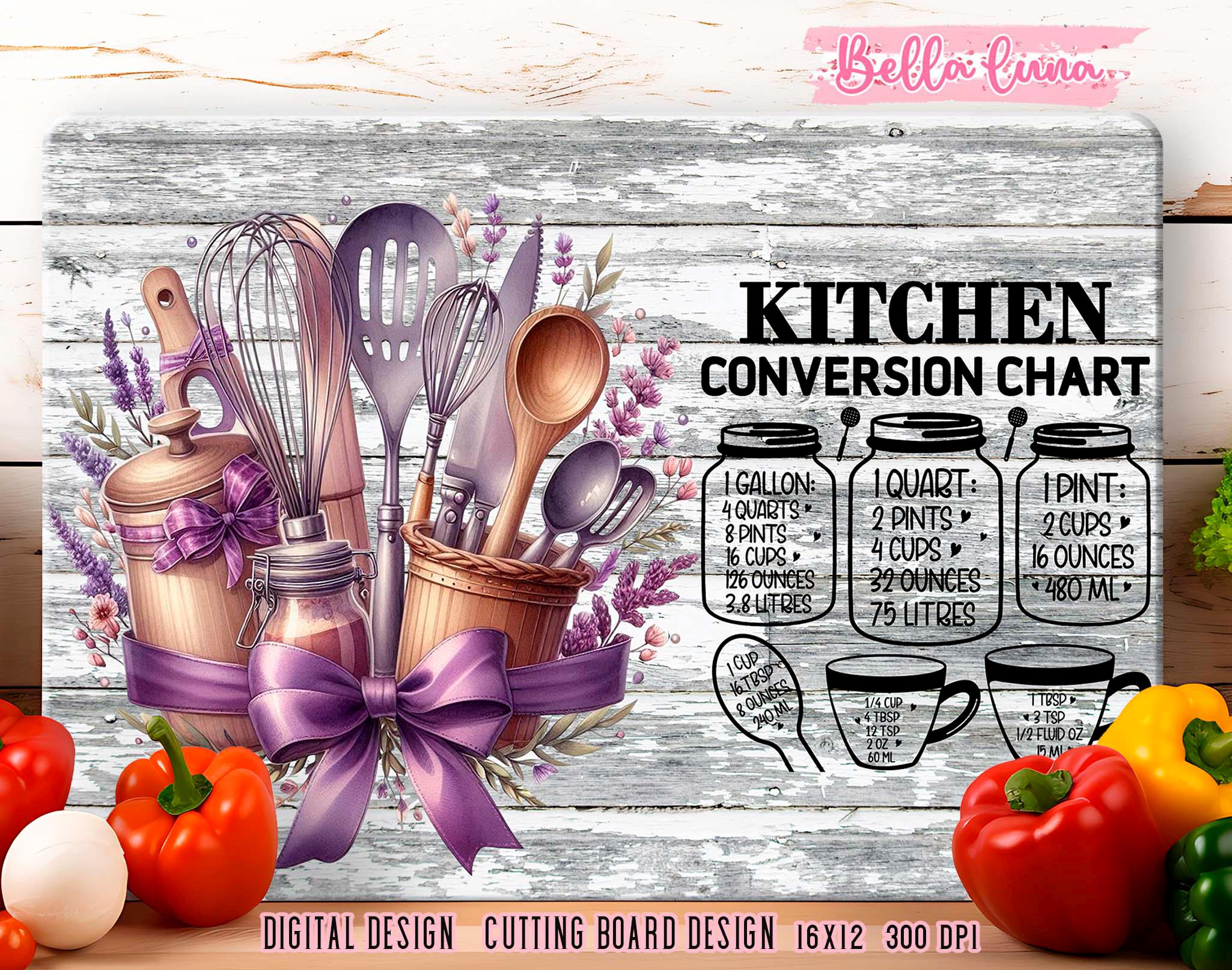 Cooking Conversion Board Kitchen Conversion Chart: Cutting Board Sublimation Design (digital ...