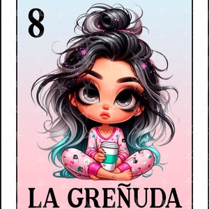 Tarjeta de loteria en español, Diseño de sublimación, La grenuda chibi girl png, Descarga instantánea, Diseño en español, LA GRENUDA, Tarjeta de loteria PNG