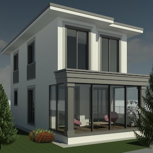 May include: A contemporary two-storey house with a white facade, grey trim, and large windows. The house has a glass-enclosed porch with seating and a small table. Landscaping includes green grass, a red flowering bush, and a small evergreen tree.