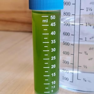 Pode incluir: Um frasco de laboratório cilíndrico transparente com uma tampa azul, preenchido com líquido verde. O frasco tem marcações de medição brancas em mililitros, até 50 ml. Um copo de medição transparente está no fundo.