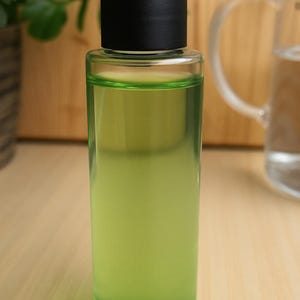 Op de afbeelding: Een heldere glazen fles gevuld met een lichtgroene vloeistof, afgedekt met een zwarte dop. De cilindrische fles staat op een lichtgekleurd houten oppervlak. Op de achtergrond is een glazen kan te zien.