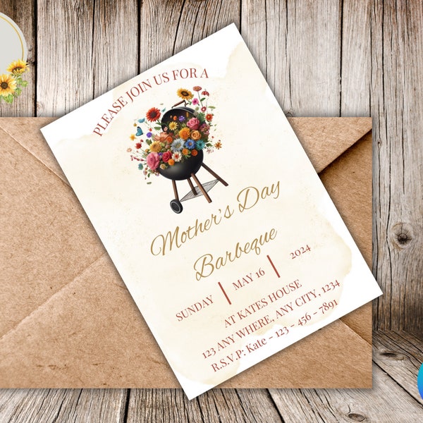 Mother's Day BBQ Brunch Invitation Template - Printable Garden Floral Grill Party Invite - Ciska Crafty Studio