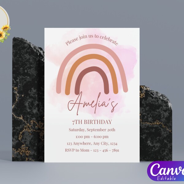 Boho Watercolor Rainbow Birthday Invitation Template | Editable with Free Canva | Instant Download