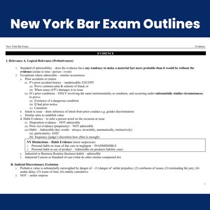Op de afbeelding: Een zwart-witte pagina met de titel "New York Bar Exam Outlines" en een sectie met de titel "Evidence". De pagina bevat een lijst met juridische termen en definities met betrekking tot bewijs in een New York Bar Exam.