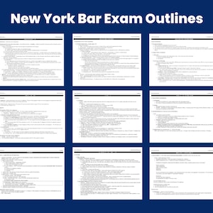 Op de afbeelding: Een document met de titel "New York Bar Exam Outlines", verdeeld in negen secties. Elke sectie bevat een lijst met onderwerpen die betrekking hebben op het New York Bar Exam.